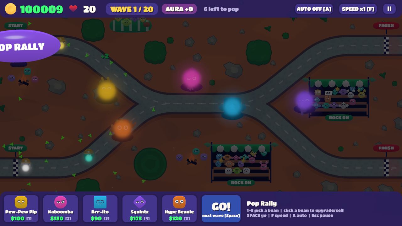 Canyon Crossing in night mode: a dark board where every tower glows.