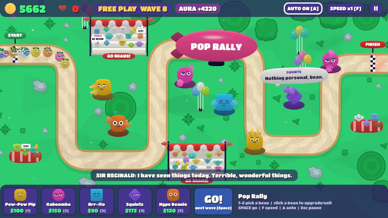 Sunny Meadow in free play, wave 8: towers, grandstands full of bean fans and the Pop Rally blimp.