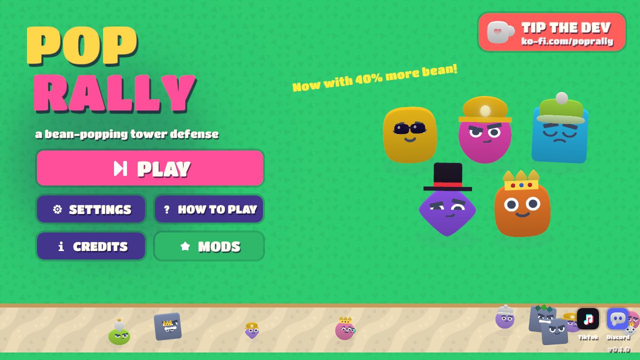 The Pop Rally title screen: big PLAY button, the five tower characters in costumes, and a parade of beans.