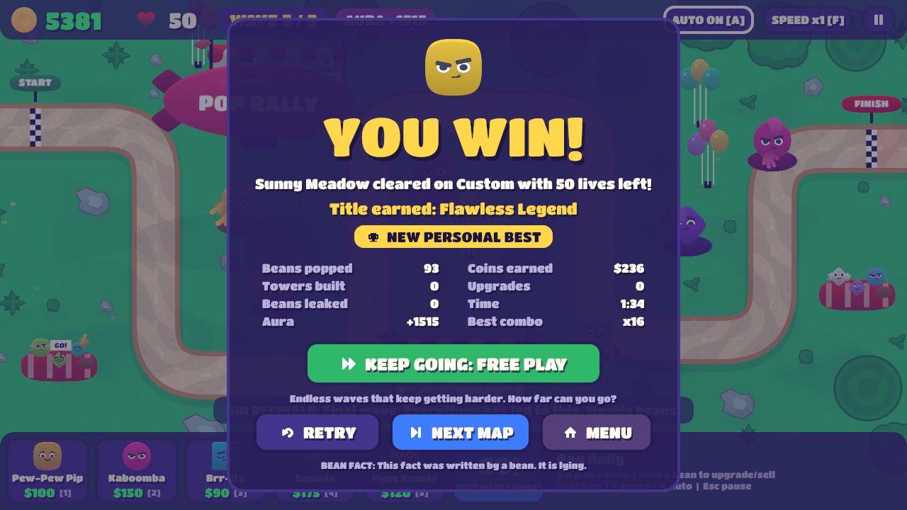 The victory screen with run stats and a KEEP GOING: FREE PLAY button.